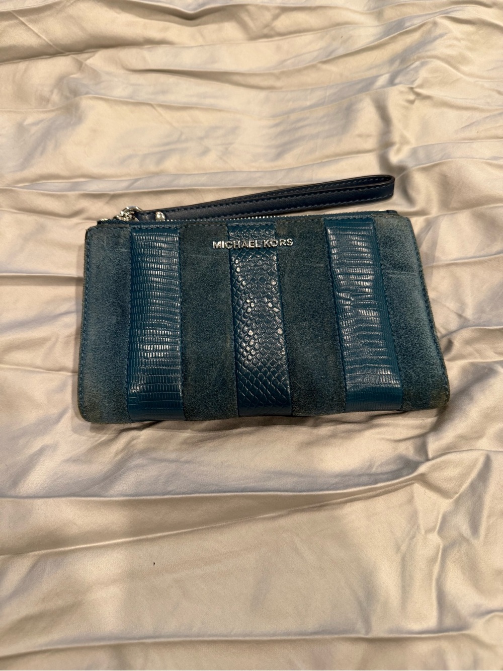Michael Kors Teal Suede and Leather Patented Stripe Wristlet